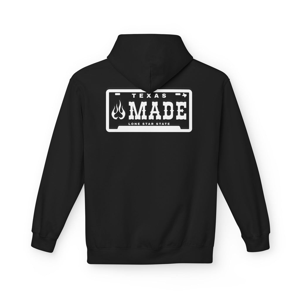 Texas Made Hoodie — ’Texas Made’ License Plate Design with Flame Logo
