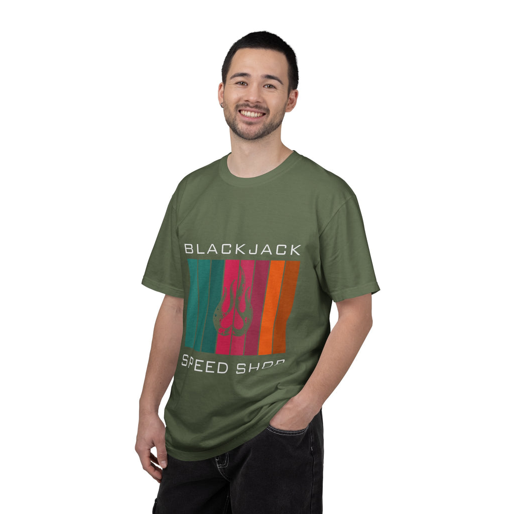 Blackjack Speed Shop T-Shirt — Retro Stripes & Flame Logo