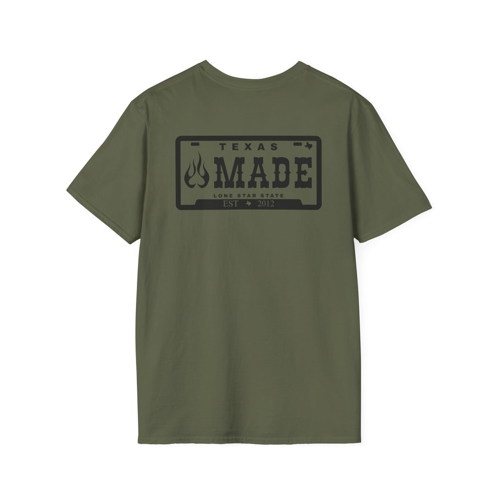 Texas Made T-Shirt – 'Texas Made' License Plate Graphic with Flame Logo
