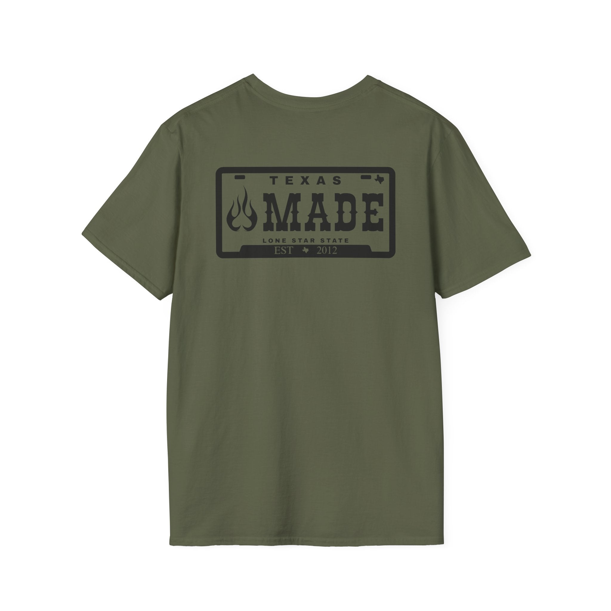 Texas Made T-Shirt – 'Texas Made' License Plate Graphic with Flame Logo
