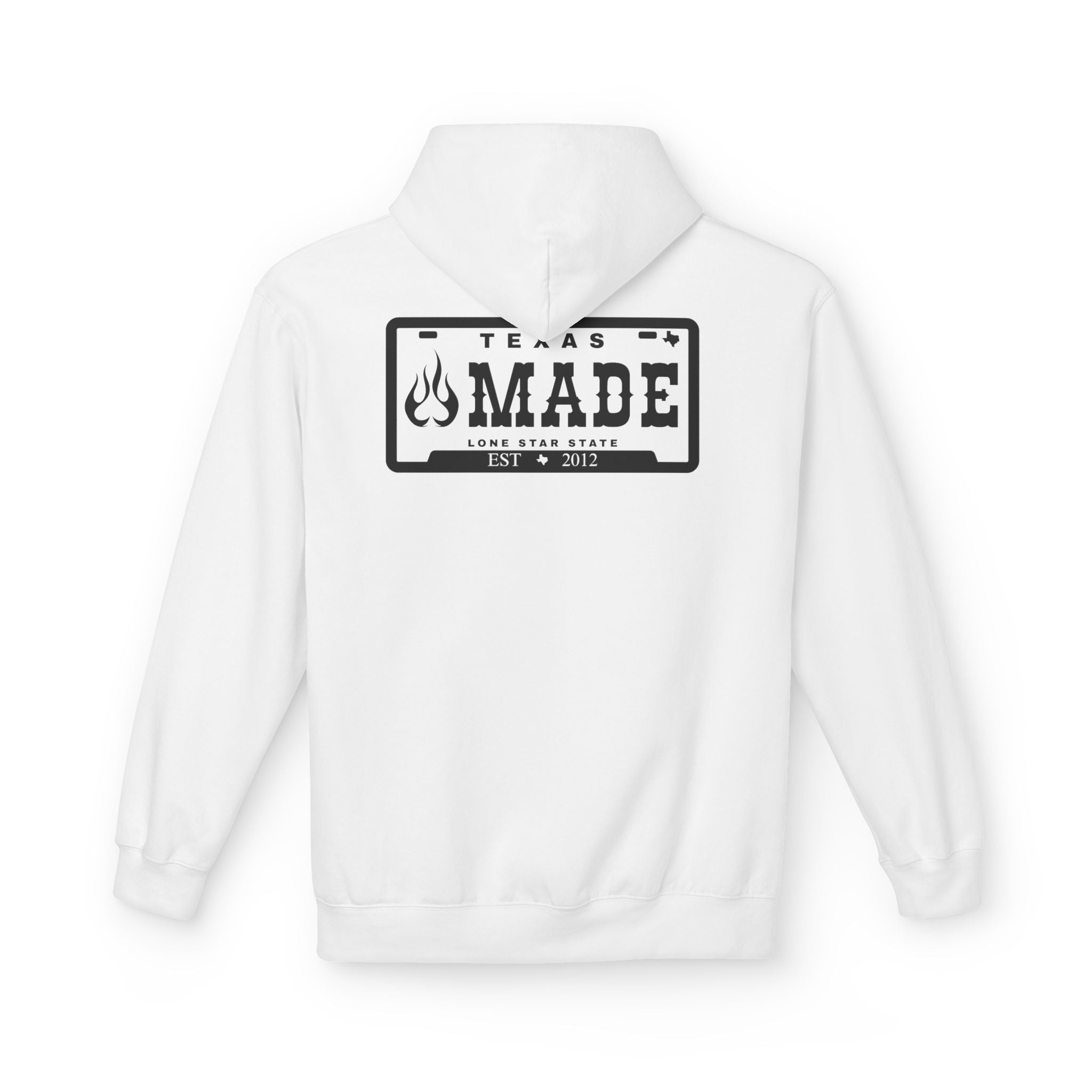Texas Made Hoodie — ’Texas Made’ License Plate Design with Flame Logo