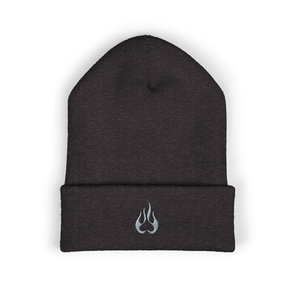 Embroidered Flame Cuffed Beanie – Minimalist Winter Knit Hat