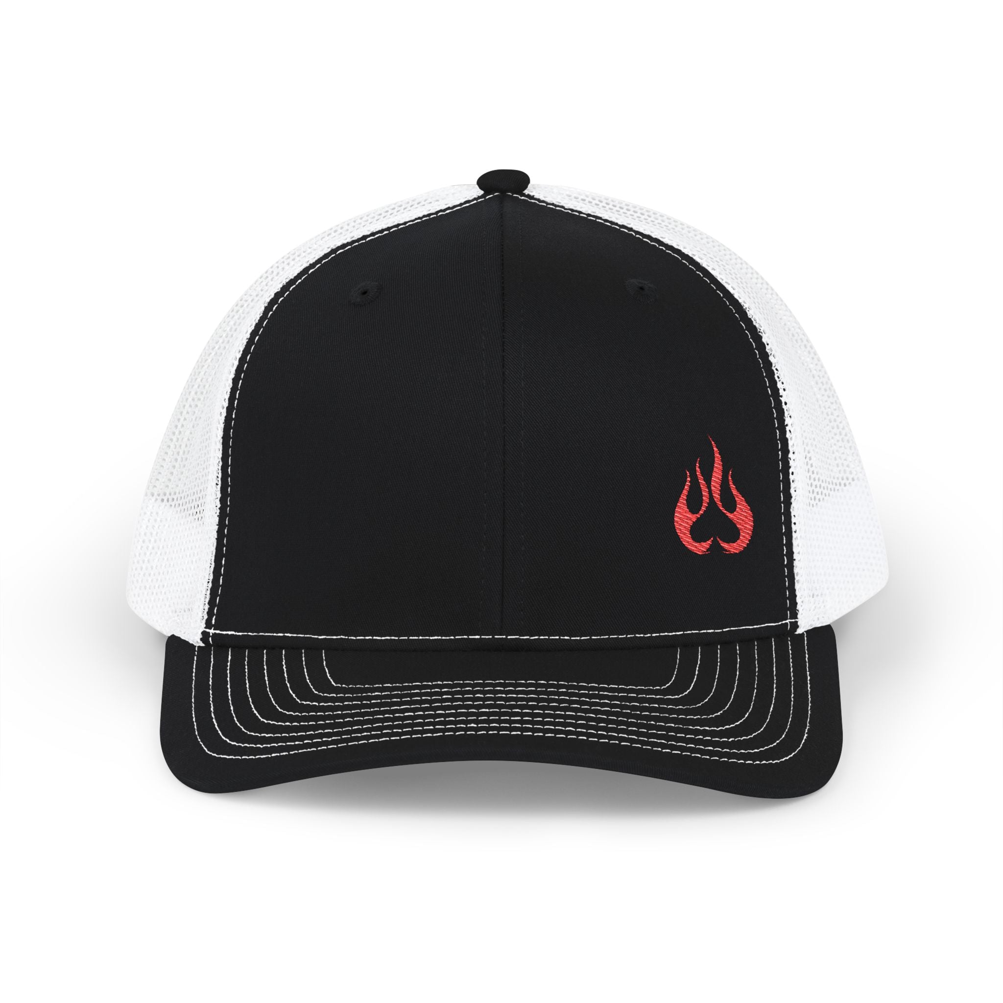 Flame Patch Trucker Cap — Retro Red Fire Embroidered Snapback